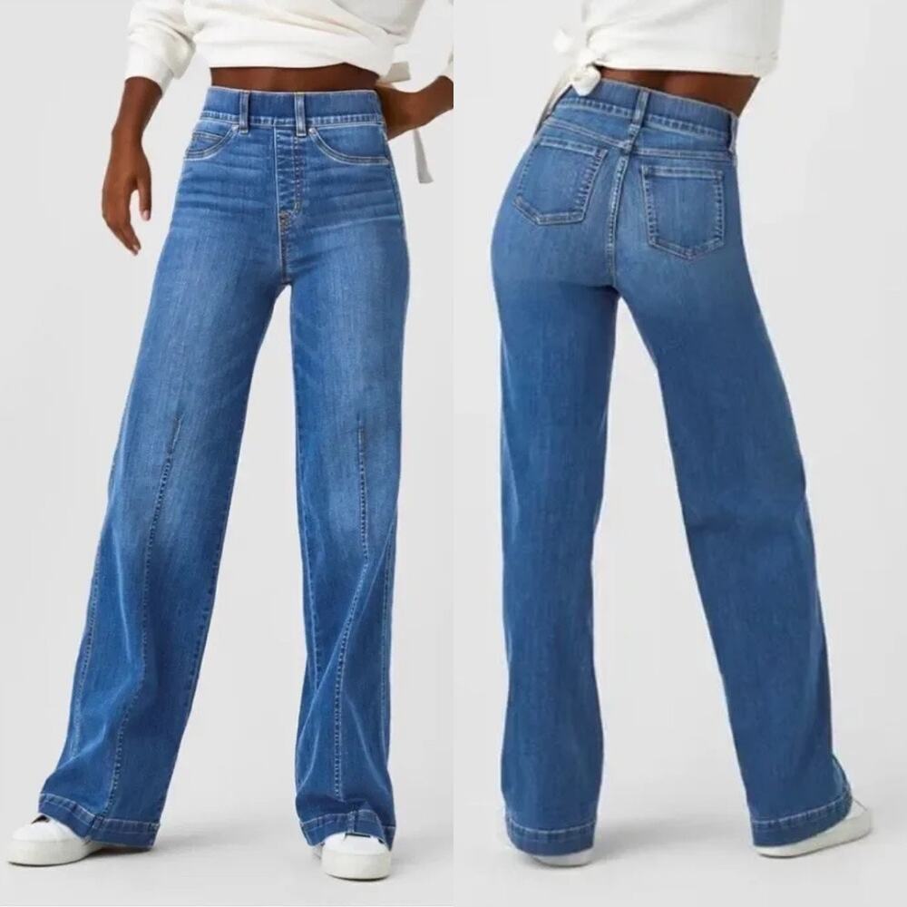 SPANX Vintage Indigo Seamed Front Wide Leg Pull-on Comfort Jeans (Sz L)
